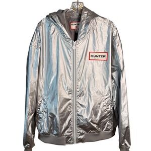 Hunter Target Silver Metallic Rain Jacket Womens XL Hooded Windbreaker
